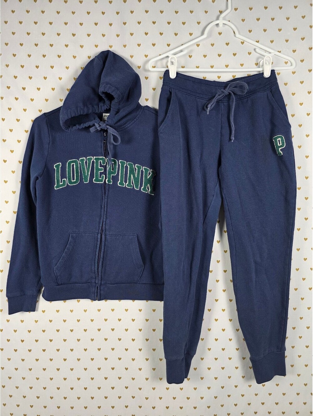 Victorias Secret PINK Embroidered Hoodie Jacket Sweatpants SET XS Blue 2pc